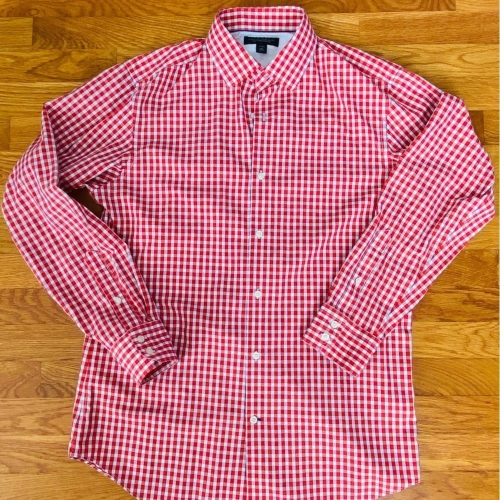 Banana Republic Non Iron Button Up Mens Sz Medium Cayenne Orange Slim Fit Check